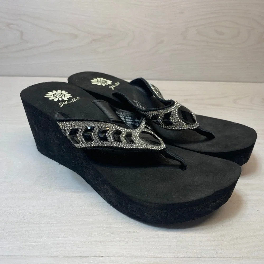 Yellow Box Womens 7.5 Platform Flip Flops Belmac Wedge Rhinestone Black Sparkle